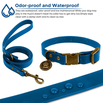 Vintage Style Dog Leash & Collar Set in blue waterproof PVC showcasing odor-proof and easy-to-clean features.