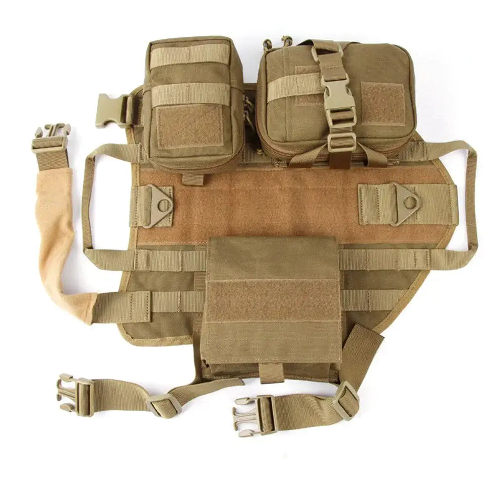 Tactical K9 Dog Harness with Pouches and No-Pull Handle in military-grade design for strength and versatility.