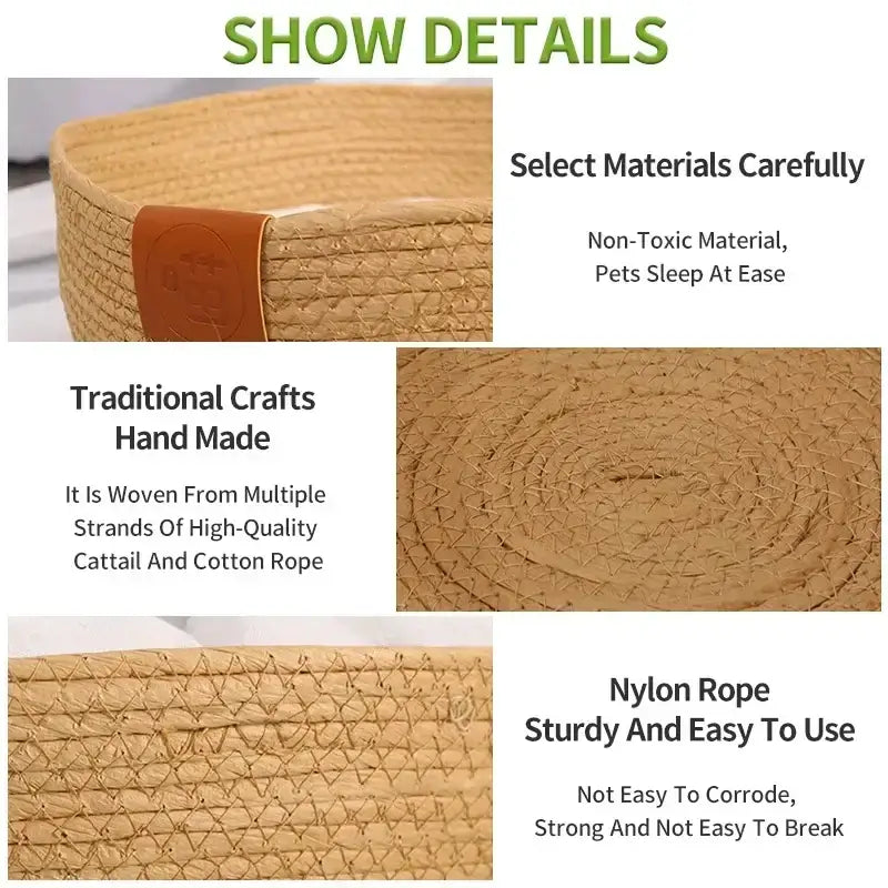 Details of handmade eco-friendly pet basket with durable cattail and cotton rope, highlighting non-toxic materials and sturdy nylon rope.