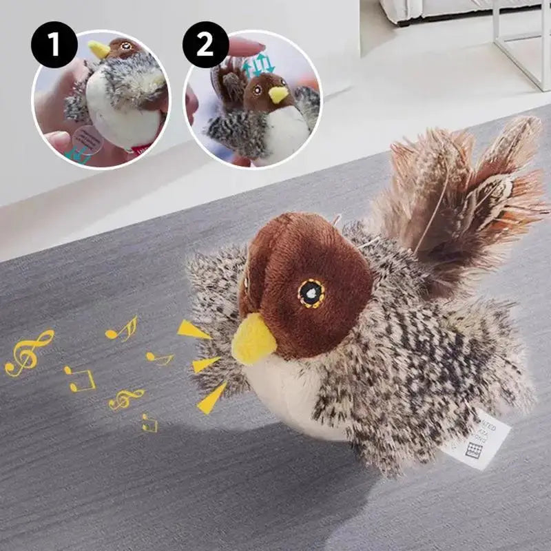 Interactive cat toy with chirping bird sound and feathers, perfect for kitten exercise and play, made from plush faux fur material.