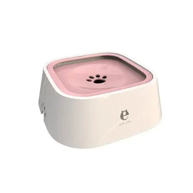 Dog water bowl with floating non-wetting design, no spill feature, pink plastic, ideal for keeping pets' mouths dry and clean.