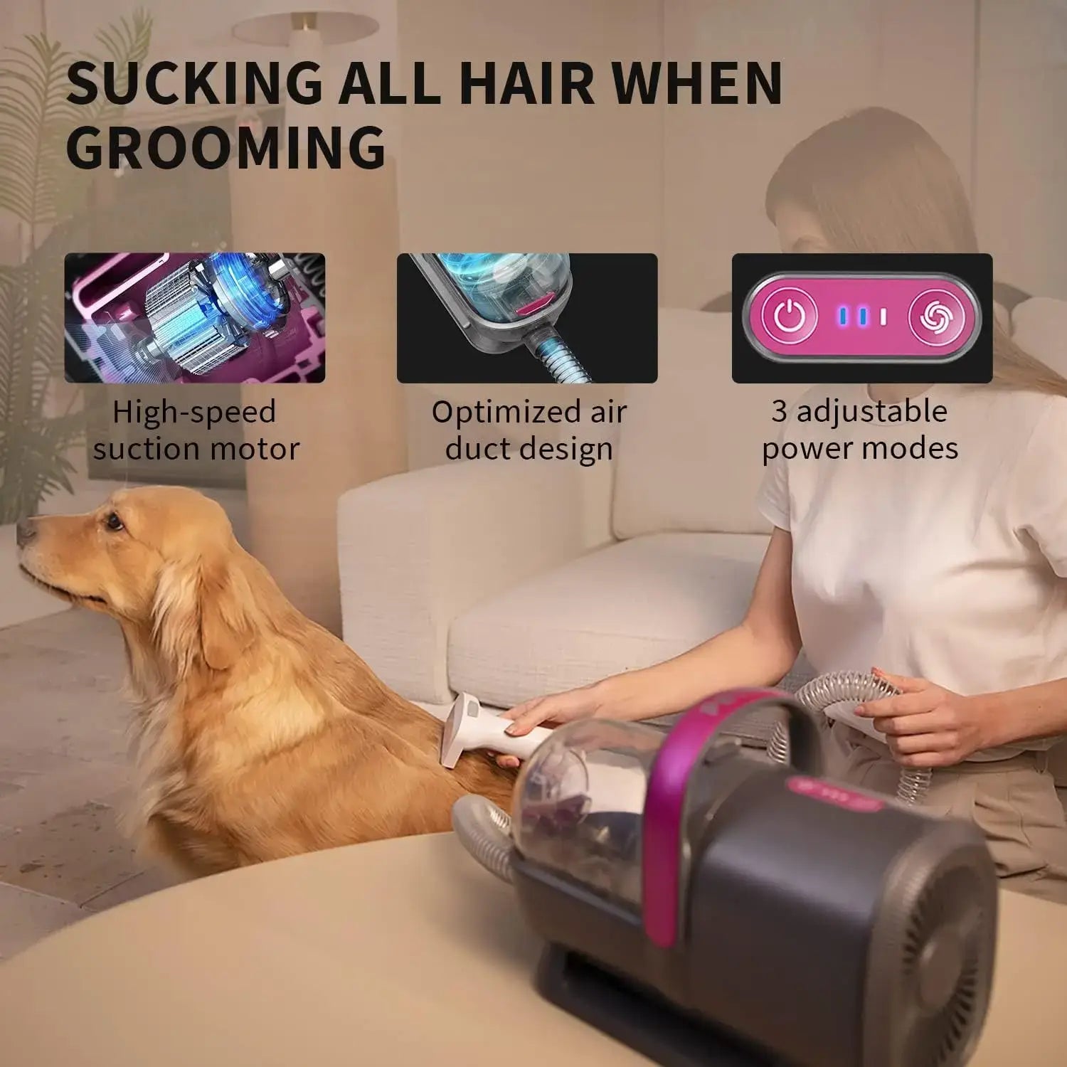 Person using Petkit 5-in-1 Grooming Kit with built-in vacuum to groom a dog at home.