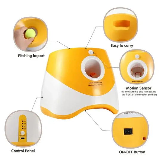 Automatic dog tennis ball launcher with features like pitching port, motion sensor, control panel, and easy carry handle.