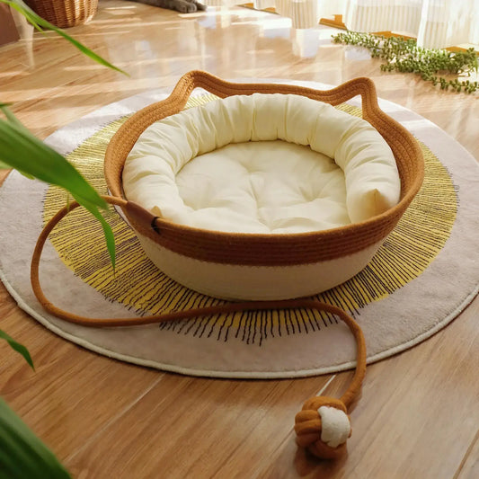 Natural Rattan Cat Bed with Washable Basket on round rug in sunny room, featuring eco-friendly design and cozy comfort for pets.