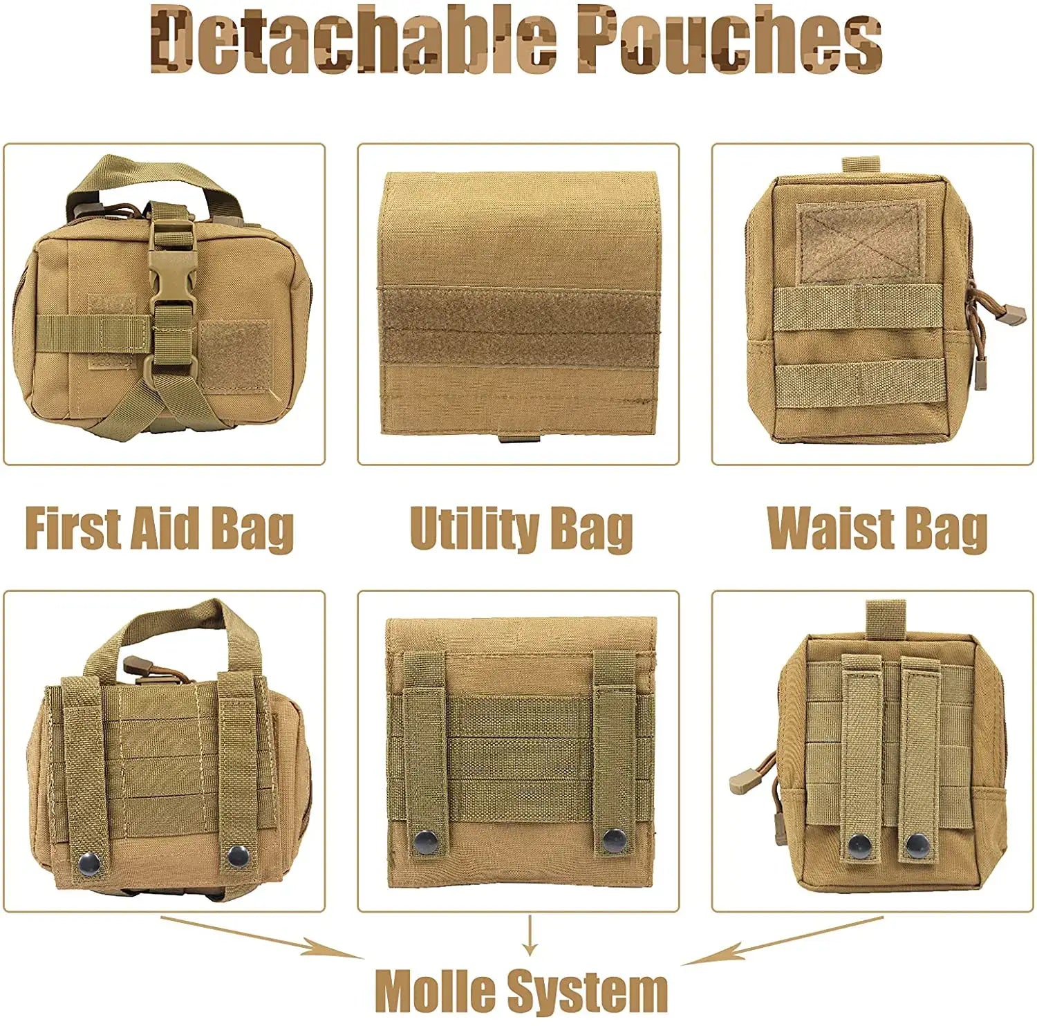 Tactical K9 dog harness detachable pouches including first aid bag, utility bag, and waist bag with MOLLE system