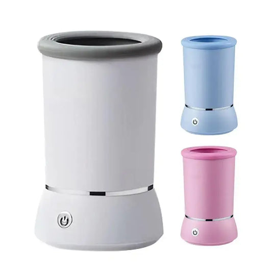 Automatic Electric Dog Paw Cleaner in white, blue, and pink options with USB charging system