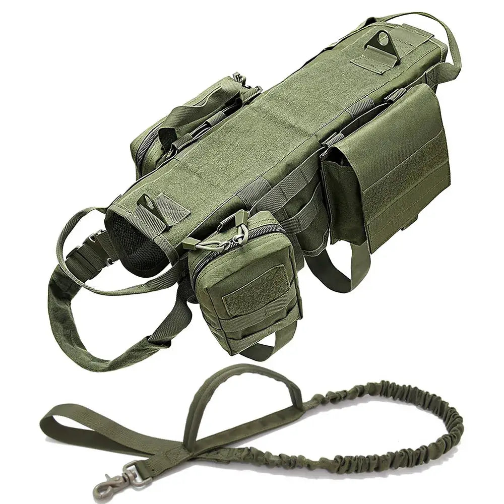 Tactical K9 dog harness with pouches, no-pull handle, military-grade, green color, versatile for walks, training, and adventures.