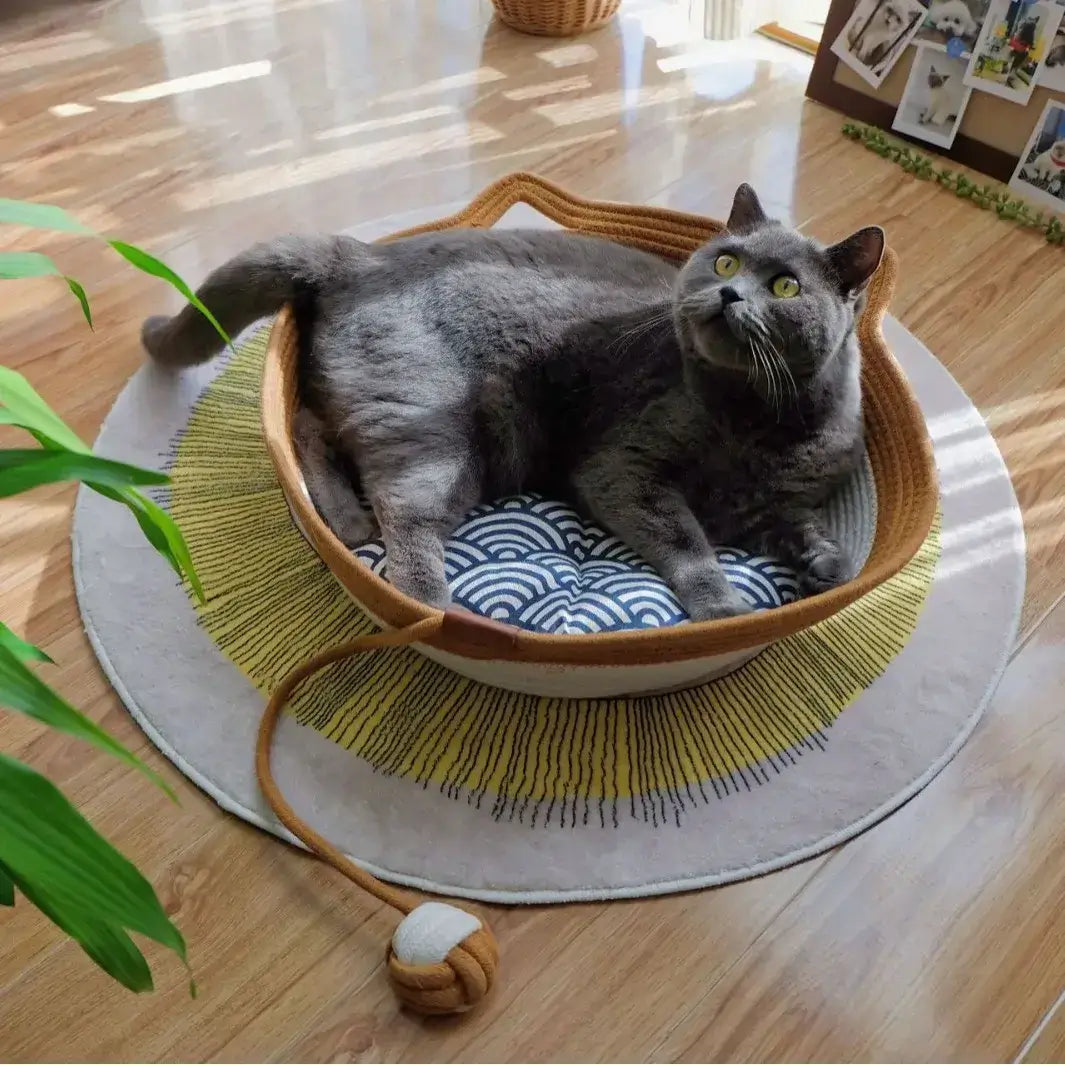 Gray cat lounging in a natural rattan cat bed with a washable basket on a decorative mat.