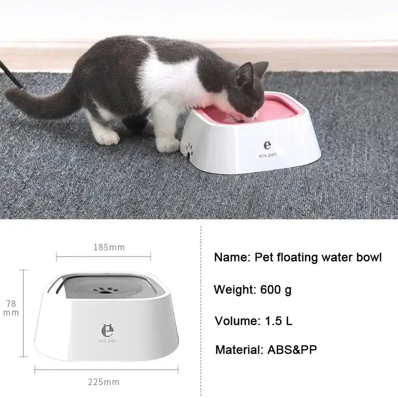 Cat drinking water from a pet floating water bowl, featuring spill-proof design and measurements with a 1.5L volume capacity.