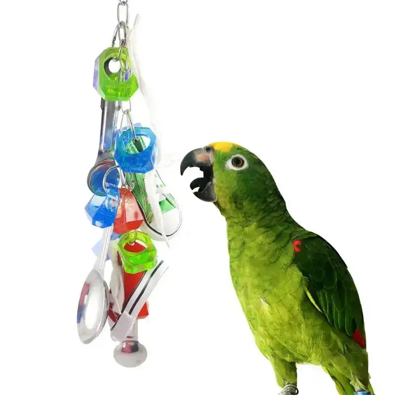 Sneaker Peeker Parrot Play: Stainless Steel Spoon & Sneaker String - Paws Palace Stores"Engage Your Feathered Friend: Stainless Steel Spoon & Sneaker String Toy" "Stimulate Your Parrot's Senses: A Playful Combination for Enriched Bird Play Buy it for only