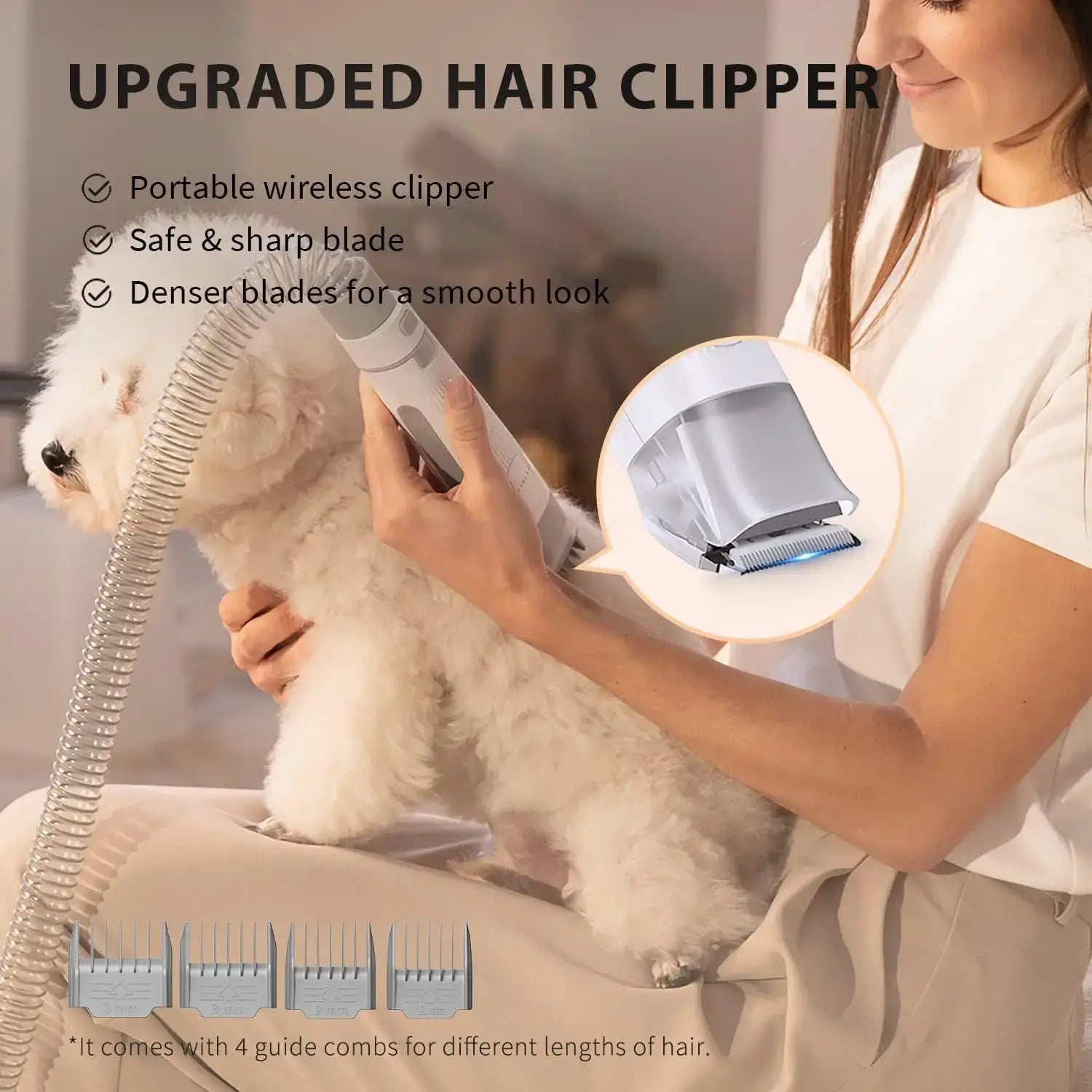 Woman using Petkit grooming kit to trim a white dog's fur with wireless clipper and vacuum; features include safe blades and multiple guide combs.