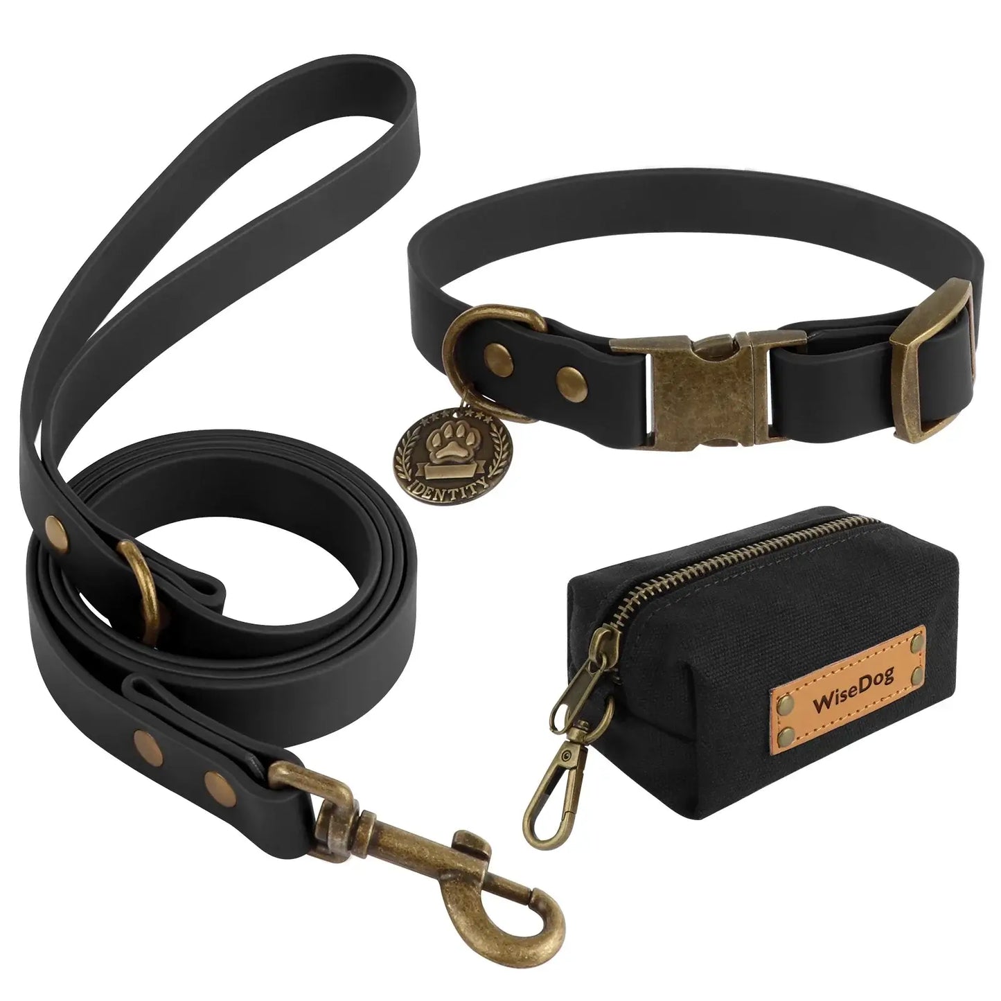 Vintage Style Dog Leash & Collar Set in waterproof PVC with brass buckle and matching pouch