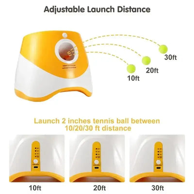 Automatic Dog Tennis Ball Launcher with adjustable launch distances of 10, 20, and 30 feet for outdoor pet play.