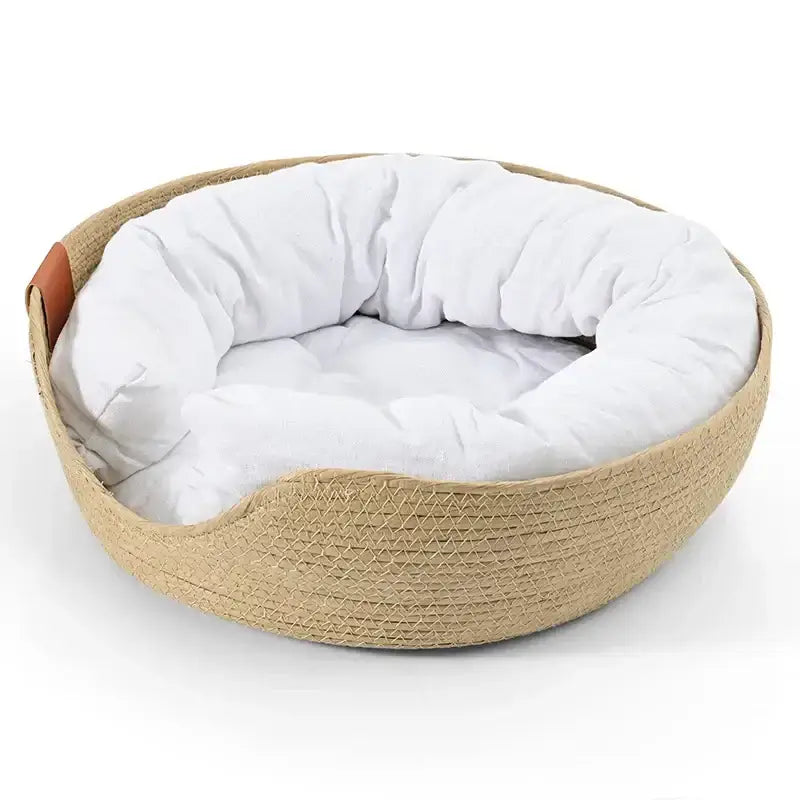 Cozy pet bed sofa with handmade bamboo frame and plush removable cushion for dogs and cats.