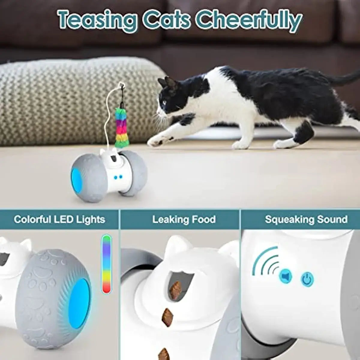 "Engage Your Cat's Senses with Our Interactive Toy and Food Dispenser." Mental Stimulation: Keep your cat mentally sharp and entertained as they work to retrieve treats from the dispenser, stimulating their natural hunting instincts. Physical Activity: En