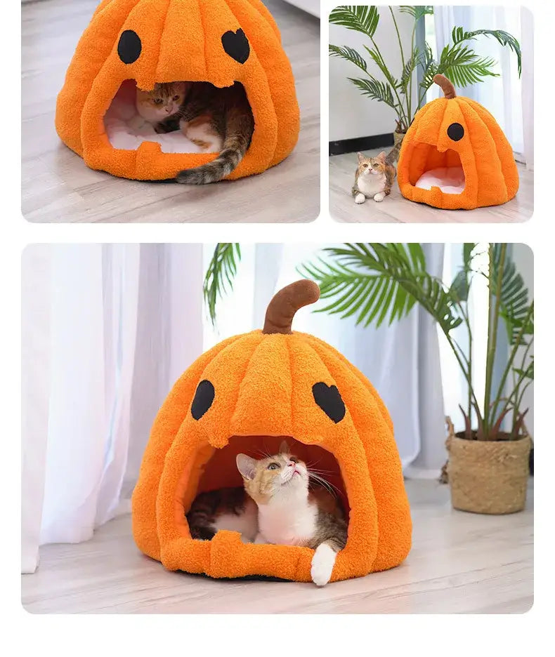 Halloween Pumpkin Cat Pet House - Cozy & Warm