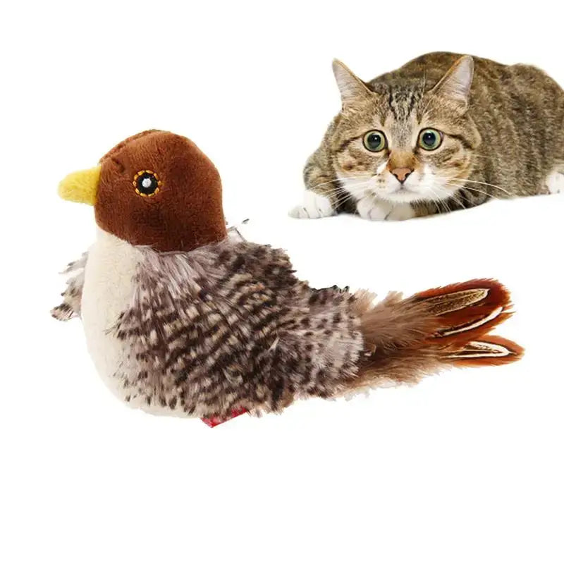 Interactive cat toy bird with chirping sound and feathers, kitten playing behind, ideal for exercise and stimulation.