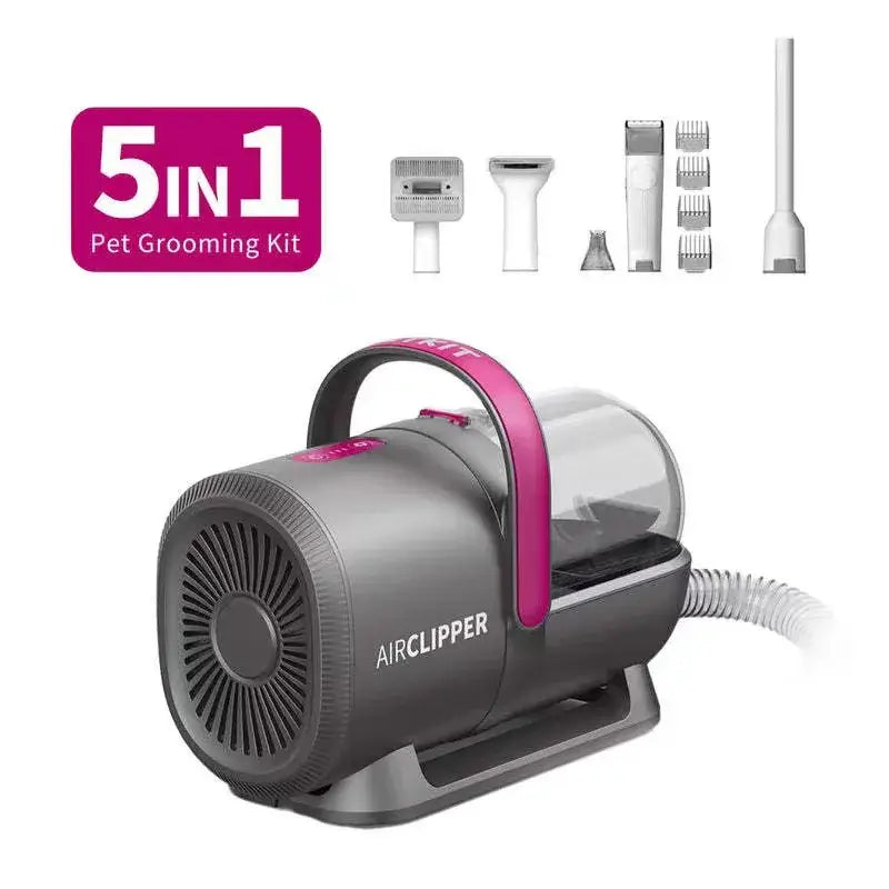 Petkit 5-in-1 grooming kit with vacuum and clippers, featuring attachments for trimming, de-shedding, and cleaning.