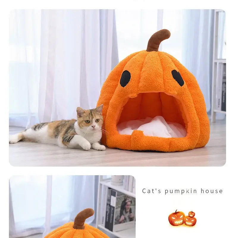 Halloween Pumpkin Cat Pet House - Cozy & Warm