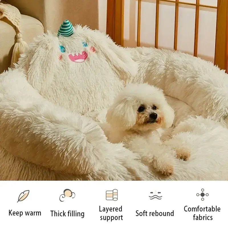 Fluffy white dog rests on a plush, round pet bed showcasing features like warmth, thick filling, and soft, comfortable fabrics.