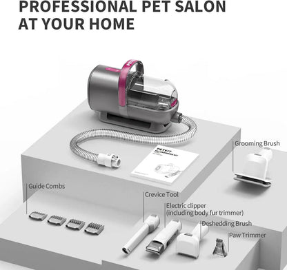 Petkit 5-in-1 Grooming Kit with built-in vacuum, grooming brush, guide combs, crevice tool, electric clipper, deshedding brush, and paw trimmer.