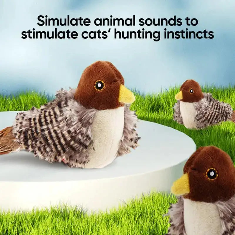 Interactive cat toy with chirping bird design, featuring faux fur and feather details, simulates animal sounds to engage cats.