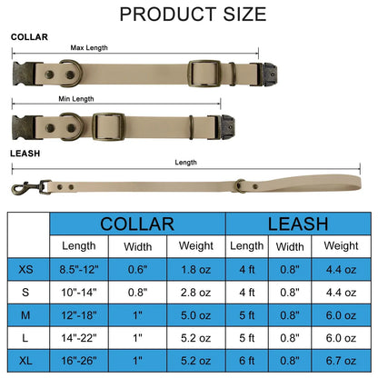 Size guide for Vintage Style Dog Leash & Collar Set, showing collar and leash dimensions in XS, S, M, and XL with lengths, widths, and weights.