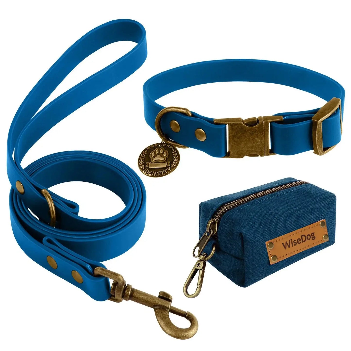 Vintage Style Dog Leash & Collar Set in Blue, Waterproof PVC, with Brass Accents