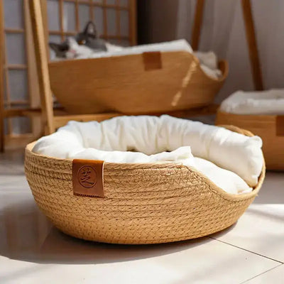 Handmade bamboo pet bed with cozy cushion for dogs or cats, featuring eco-friendly materials and stylish design.