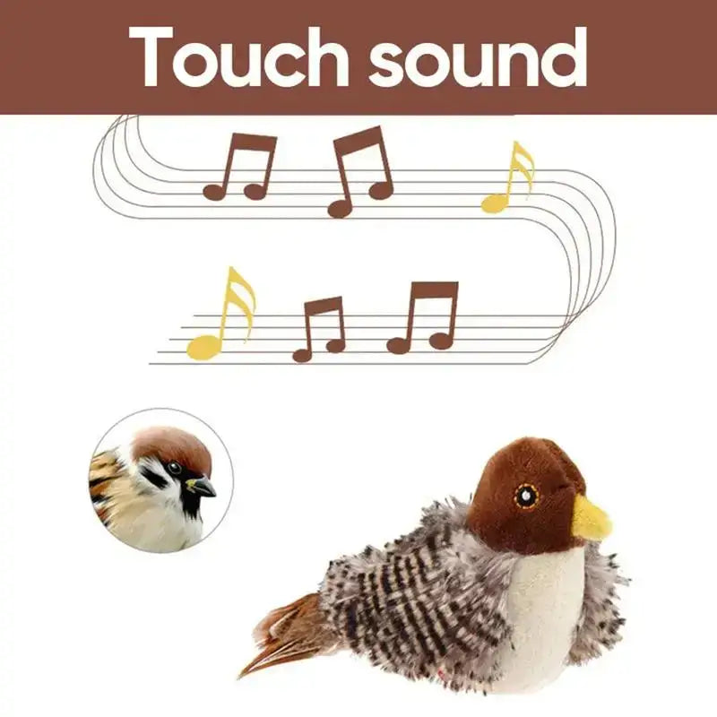 Interactive cat toy with touch-activated chirping sound and faux fur bird design, perfect for engaging kitten exercise.