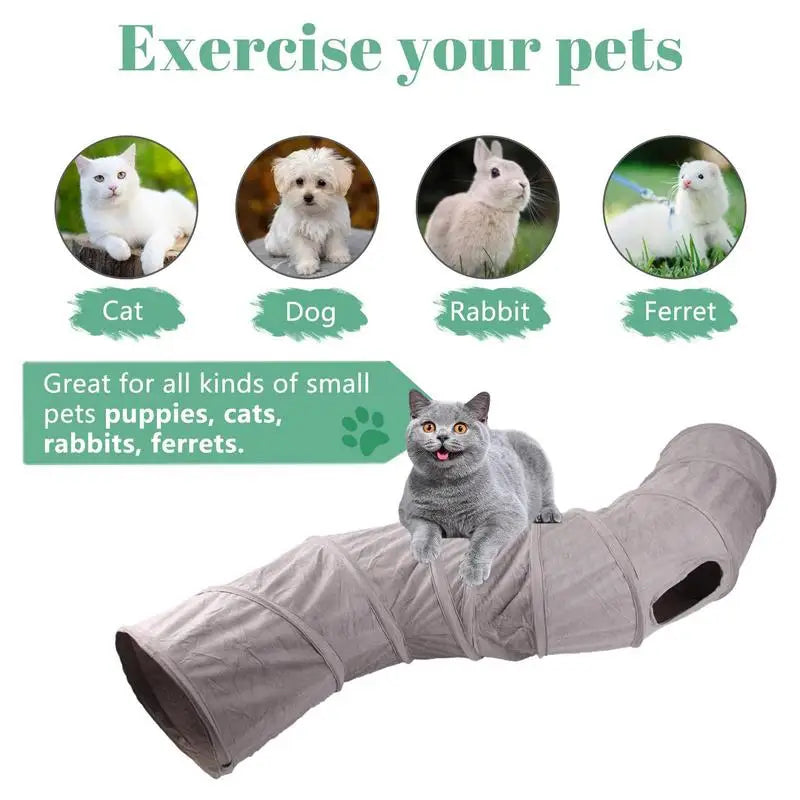 Collapsible cat tunnel with a grey cat on top, designed for cats, dogs, rabbits, and ferrets. Ideal for pet exercise and play.