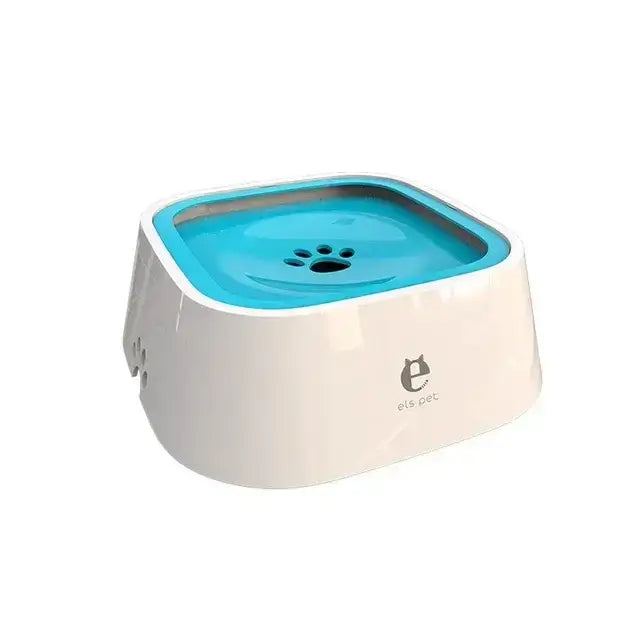 Dog water bowl with floating design to prevent spills, featuring a blue interior and white exterior, made of durable plastic.