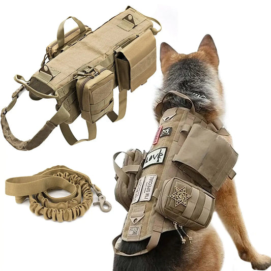 Tactical K9 Dog Harness with Pouches, No-Pull Handle, military-grade gear, adjustable straps, and convenient storage on German Shepherd.