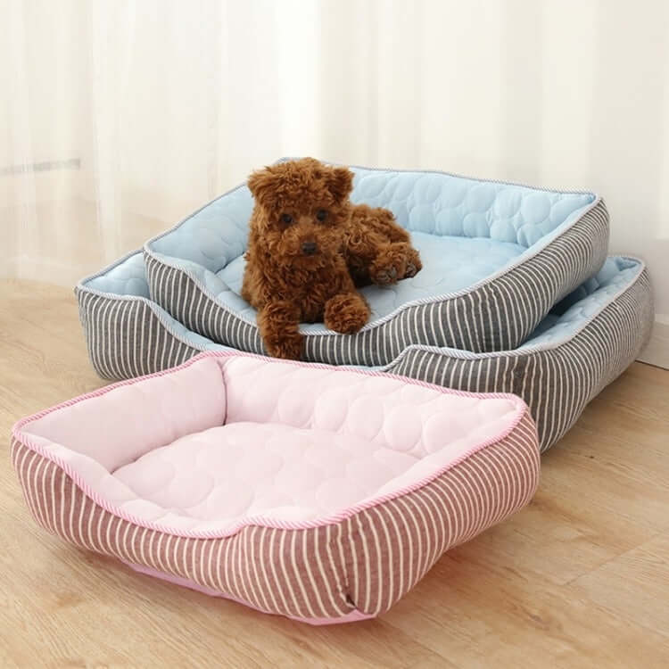Cozy dog and cat kennels in various sizes with a plush toy resting on top, showcasing cool summer fabric.