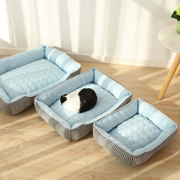 Three sizes of summer pet cool kennels in blue and gray, with a cat resting in the medium-sized bed.