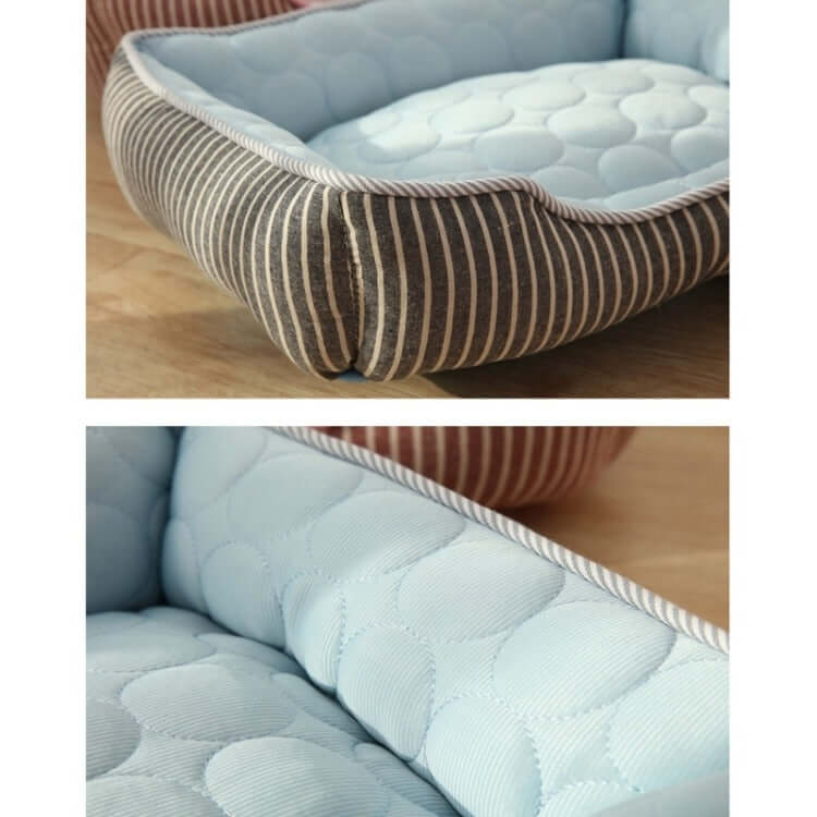Close-up of a striped pet bed with a soft blue cushion, designed for comfort and cooling for dogs and cats.
