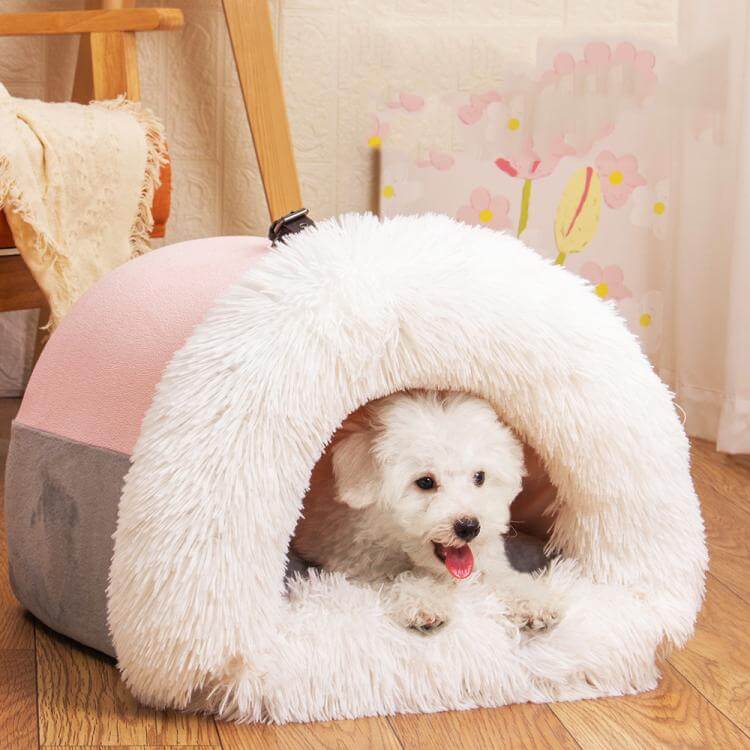 Cozy pet house bed with fluffy plush for dogs and cats, featuring a cute handle and non-slip bottom design.