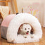 Cozy pet house bed with fluffy plush for dogs and cats, featuring a cute handle and non-slip bottom design.