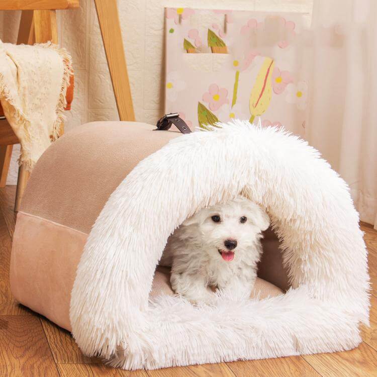 Fluffy plush pet house bed with splicing handle design, cozy cave for small dogs and cats.