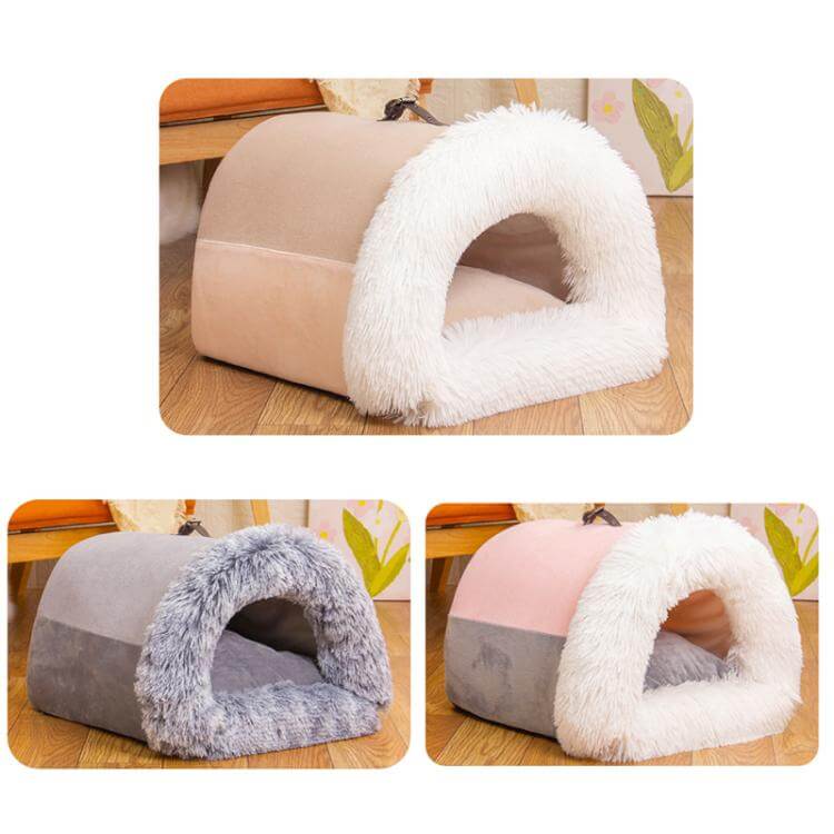 Cozy pet house bed with splicing handle, in three colors: gray, beige, and pink, featuring plush and soft materials for comfort.