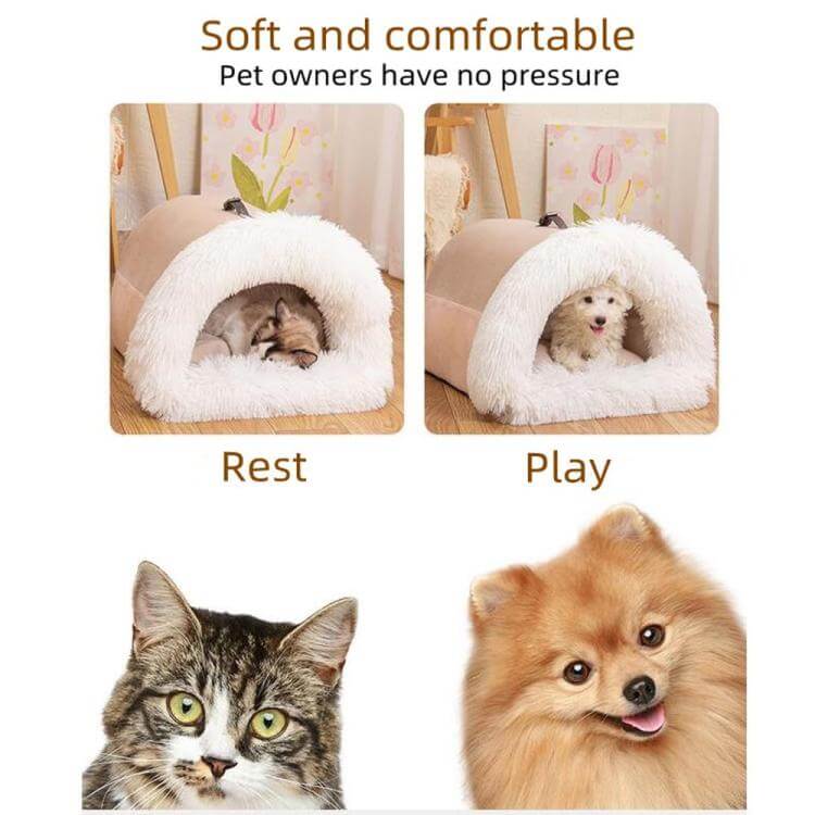 Soft and comfortable pet house bed with plush interior, ideal for cats and dogs to relax and play.