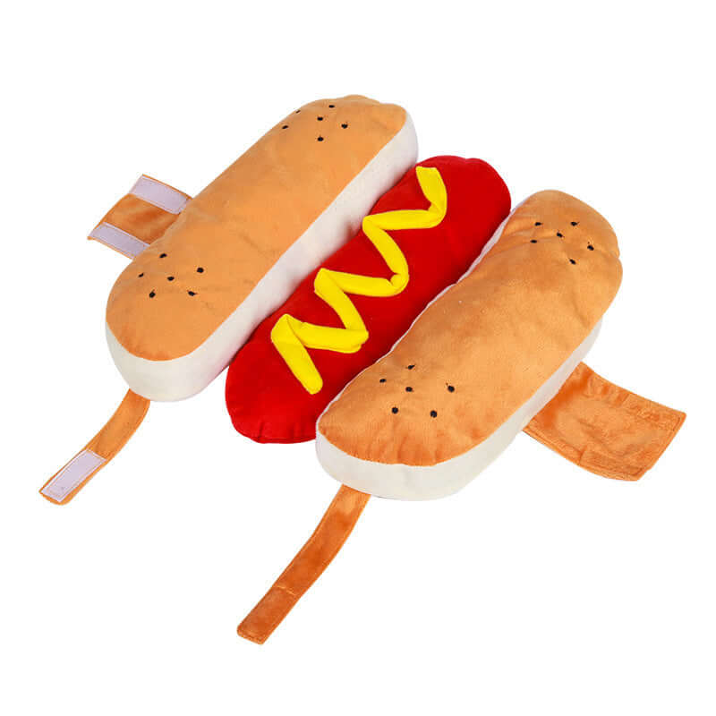 Funny hot dog design Halloween costume for dogs and cats with hook-and-loop fastener, featuring a spoof style and polyester material.