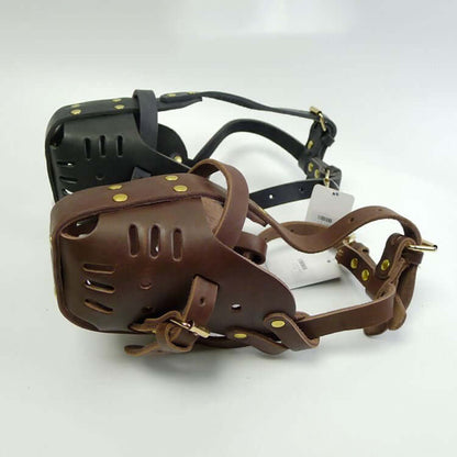 Durable cowhide dog muzzles in black and brown for medium and large dogs, featuring a soft basket design for full mouth protection.