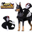 Dog wearing funny Halloween pet costume with scary mask and grim reaper figure, Happy Halloween background