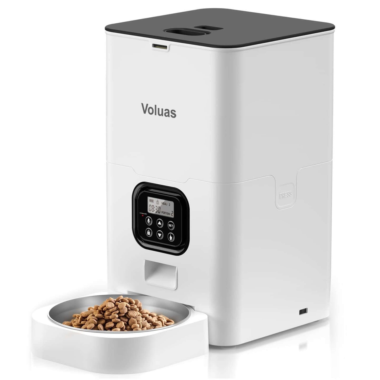 Intelligent automatic double meal feeder for pets with voice playback and dual power supply, includes stainless steel food plate and desiccant box.