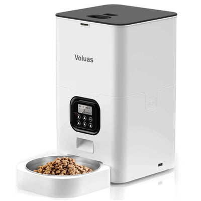 Intelligent automatic double meal feeder for pets with voice playback and dual power supply, includes stainless steel food plate and desiccant box.