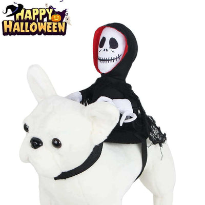 White dog wearing funny Halloween pet costume with a skeleton rider and Happy Halloween sign