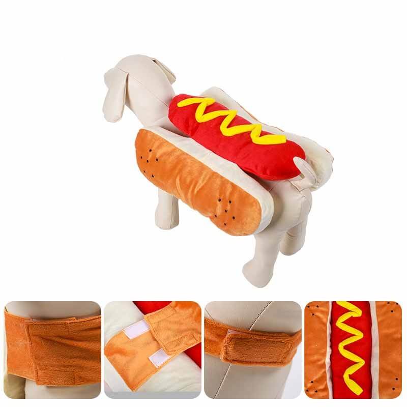 Dog wearing a funny Halloween hot dog costume with hook-and-loop fastener for easy wear and comfort, perfect pet apparel for parties.