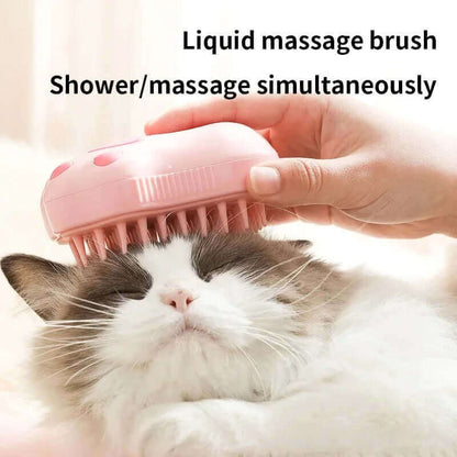 Cat enjoying a massage with a pink liquid massage brush that showers and massages simultaneously.